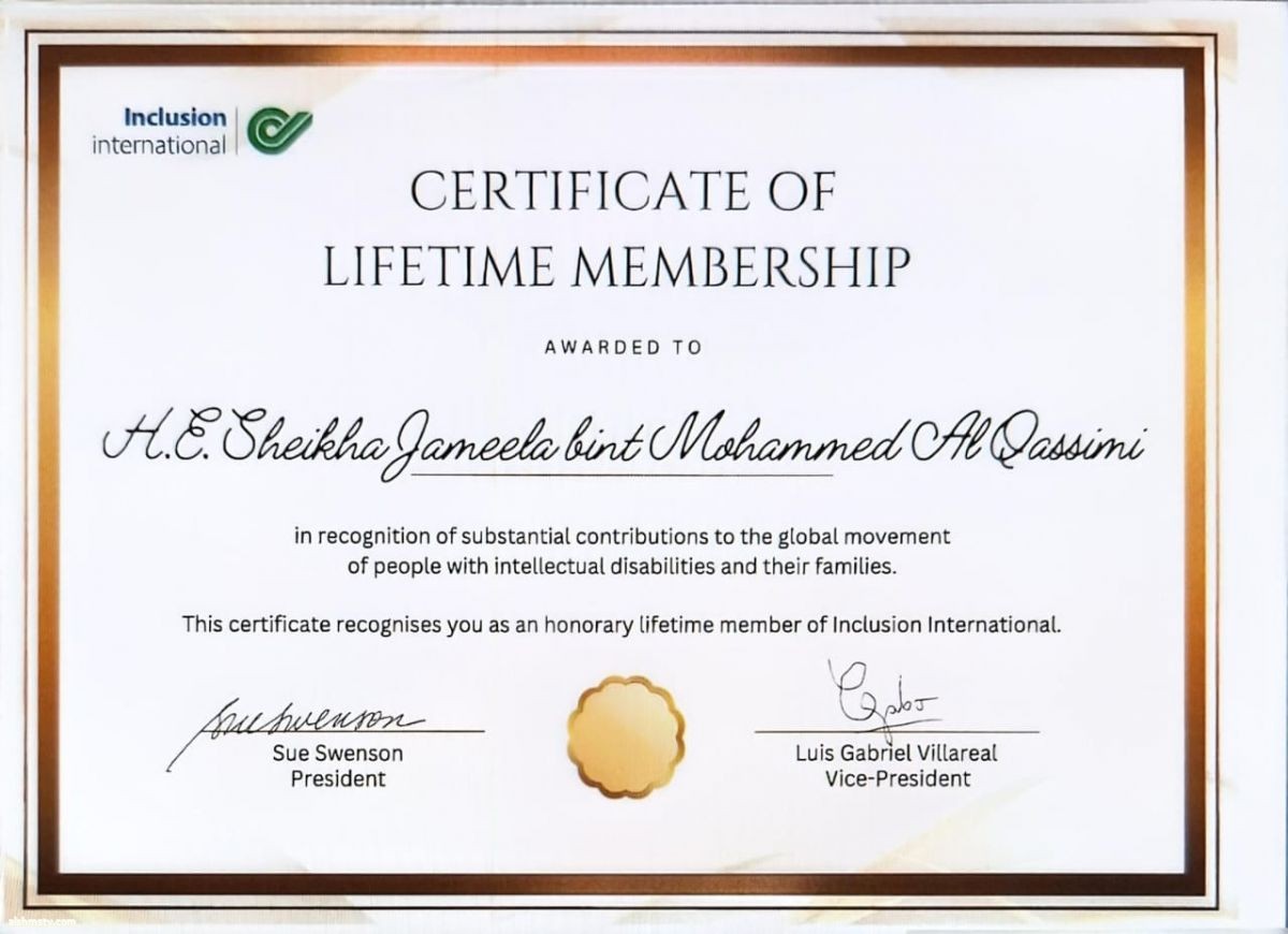 "International Inclusive Inclusion"  ِJamela Al Qasimi an honorary lifetime membership for her substantial contributions in supporting the rights of people with disabilities.