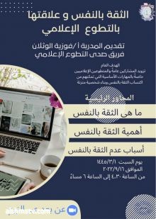 فريق التطوع الإعلامي يقيم أمسية بعنوان الثقة بالنفس وعلاقتها بالتطوع الإعلامي "المدربة فوزية الوثلان"