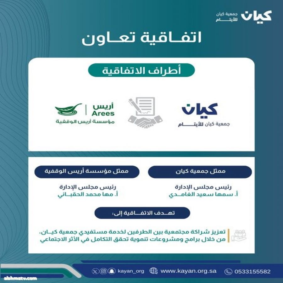 شراكة تنموية تصنع الأثر توقيع اتفاقية تعاون بين جمعية كيان للأيتام ومؤسسة أريس الوقفية