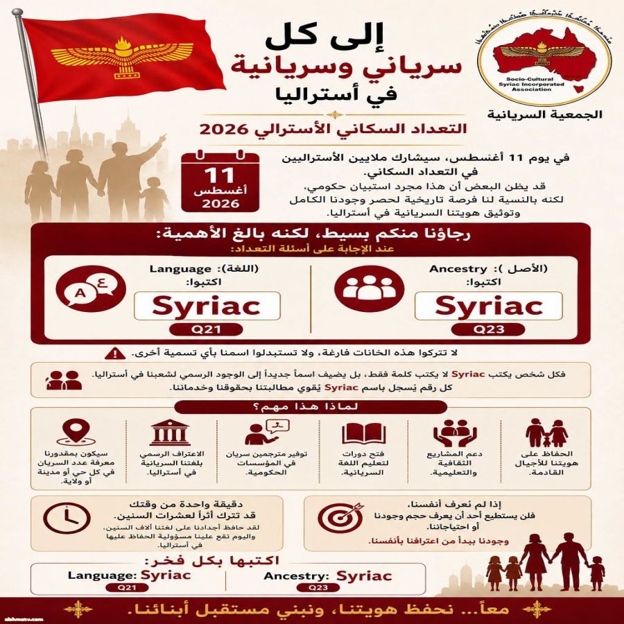 Socio-Cultural Syriac Association جاليتنا السريانية الكريمة..........  في يوم الثلاثاء 11 اغسطس 2026 ، سيشارك ملايين الأستراليين في التعداد السكاني.